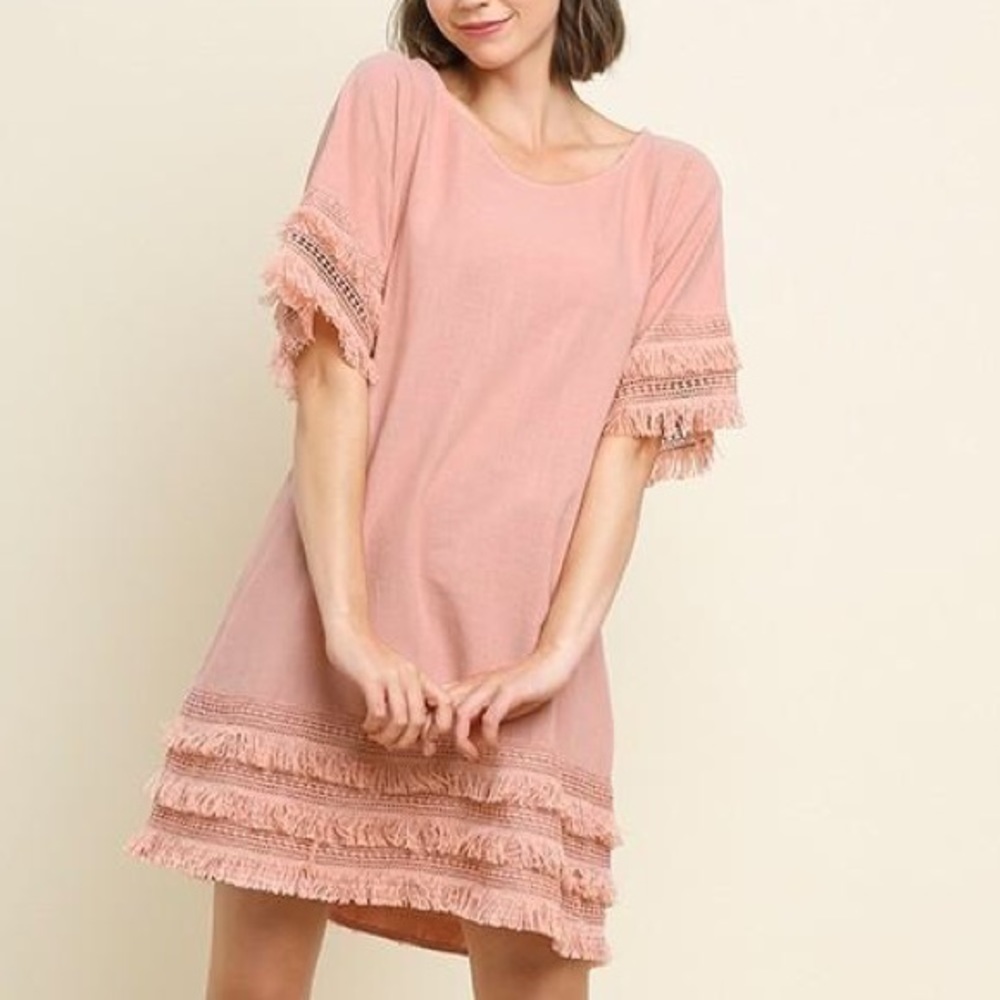 NWT Pretty Thoughts Layered Fringe Cotton Mini Dress Blush